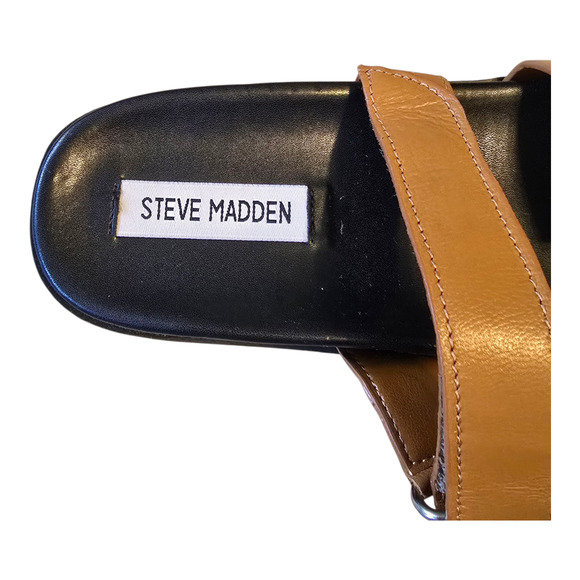 Steve Madden Mayven Leather Sandals Womens Size 8M Cognac Black Slide - Picture 4 of 11